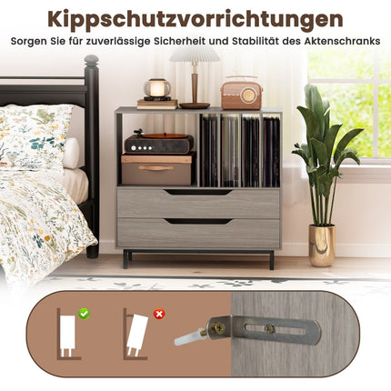 Turntable Stand with 4 Vinyl Slots & 2 Drawers, Gray