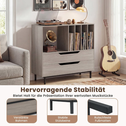 Turntable Stand with 4 Vinyl Slots & 2 Drawers, Gray