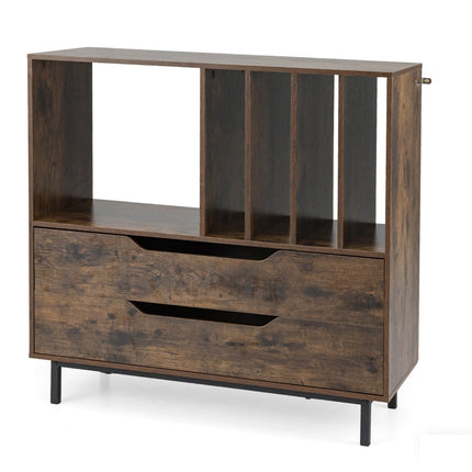 Turntable Stand with 4 Vinyl Slots & 2 Drawers, Rustic Brown