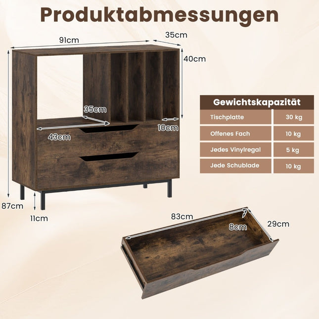 Turntable Stand with 4 Vinyl Slots & 2 Drawers, Rustic Brown