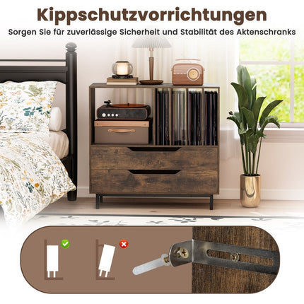 Turntable Stand with 4 Vinyl Slots & 2 Drawers, Rustic Brown