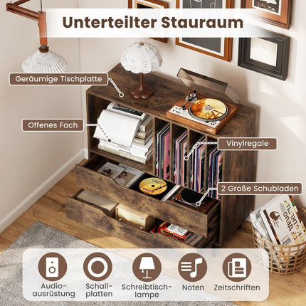 Turntable Stand with 4 Vinyl Slots & 2 Drawers, Rustic Brown