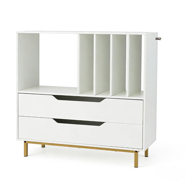 Turntable Stand with 4 Vinyl Slots & 2 Drawers, White