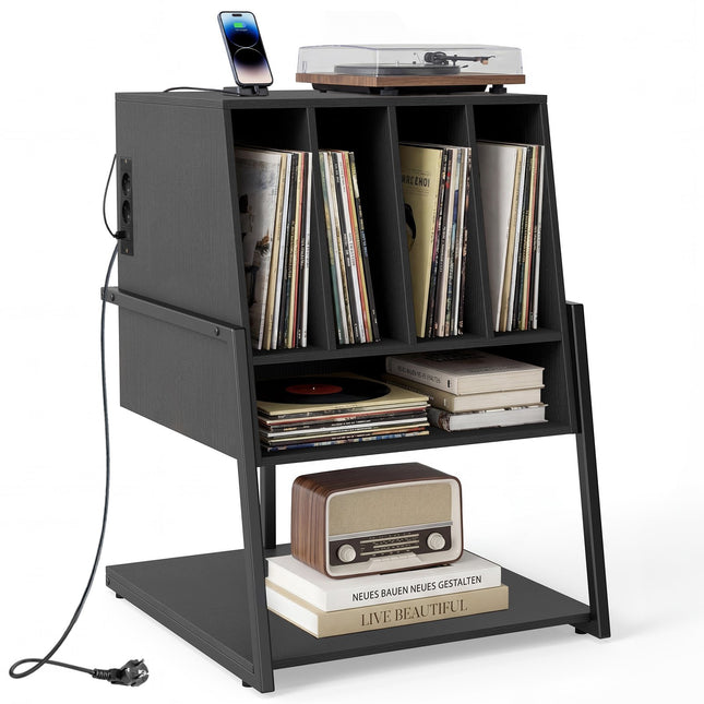 Turntable Stand with Charging Station & Shelves, Black