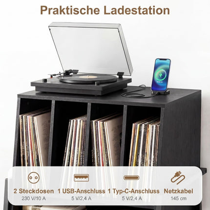 Turntable Stand with Charging Station & Shelves, Black