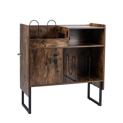 Turntable Stand with Charging Station, Storage, Rustic Brown