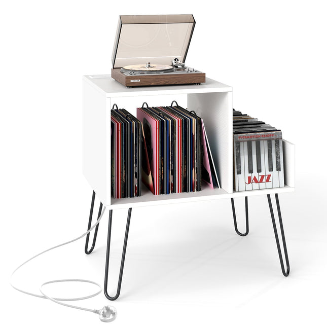 Turntable Stand with Charging Station, White, Adjustable Storage