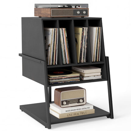 Turntable Stand with Wide Shelf & 4 Dividers, Black
