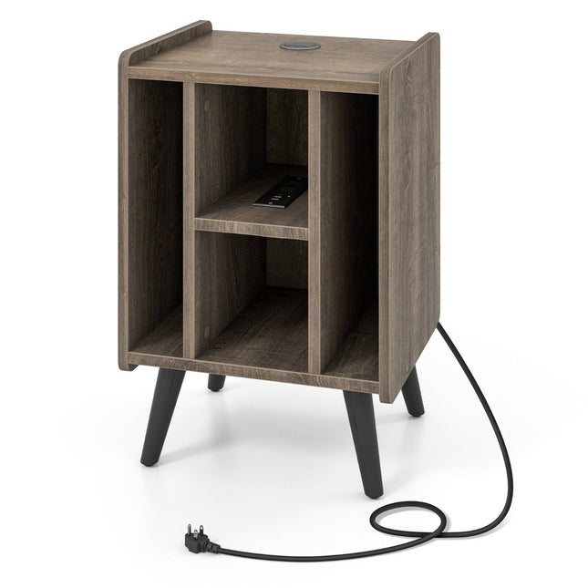 Turntable stand with charging station & 4 open shelves vinyl records turntable table gray