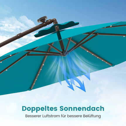 Turquoise 3m Patio Umbrella with Solar LED Lights & Sandbags