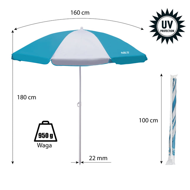 Turquoise Beach Umbrella, 180 cm, UV Protection