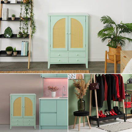 Turquoise Rattan Sideboard – 2 Compartments, 4 Drawers