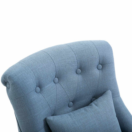 Blue linen TV chair - relaxing with back cushion, raised feet