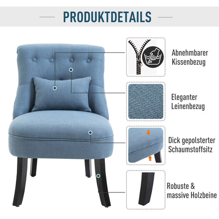 Blue linen TV chair - relaxing with back cushion, raised feet