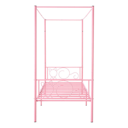 Twin Canopy Bed Frame, Metal Four-Poster, Pink