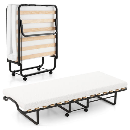 Twin Folding Bed, 4-Inch Foam Mattress, Lockable Wheels