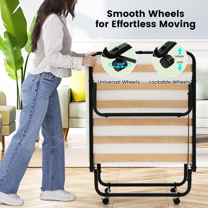 Twin Folding Bed, 4-Inch Foam Mattress, Lockable Wheels