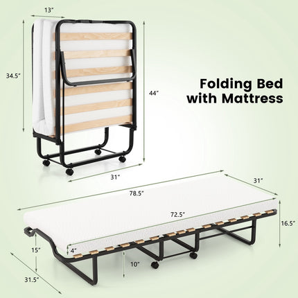 Twin Folding Bed, 4-Inch Foam Mattress, Lockable Wheels
