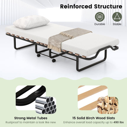 Twin Folding Bed, 4-Inch Foam Mattress, Lockable Wheels