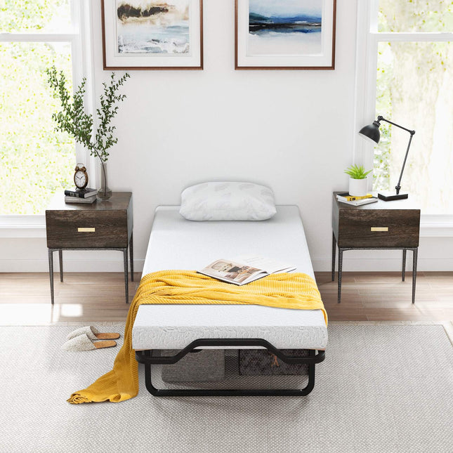 Twin Folding Bed, 4-Inch Foam Mattress, Lockable Wheels