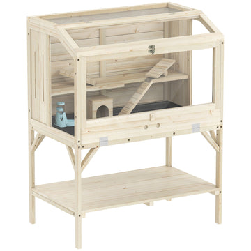Two-Level Hamster Cage with Storage, Natural Wood, 84x53x110 cm