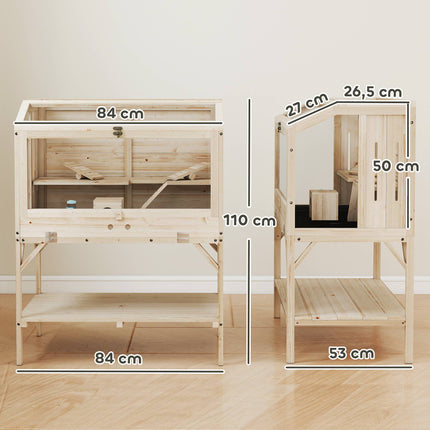 Two-Level Hamster Cage with Storage, Natural Wood, 84x53x110 cm