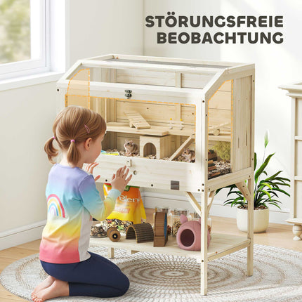 Two-Level Hamster Cage with Storage, Natural Wood, 84x53x110 cm