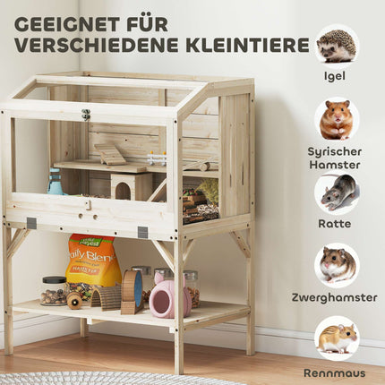 Two-Level Hamster Cage with Storage, Natural Wood, 84x53x110 cm