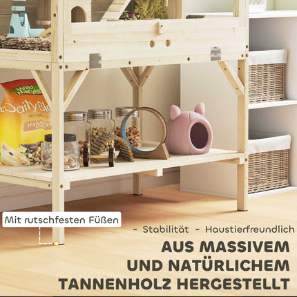 Two-Level Hamster Cage with Storage, Natural Wood, 84x53x110 cm