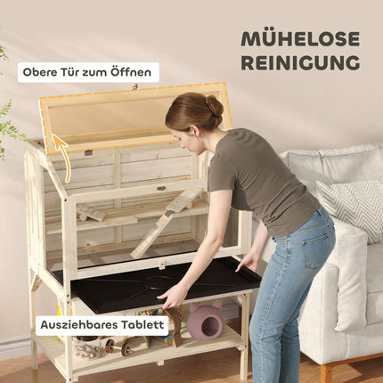 Two-Level Hamster Cage with Storage, Natural Wood, 84x53x110 cm