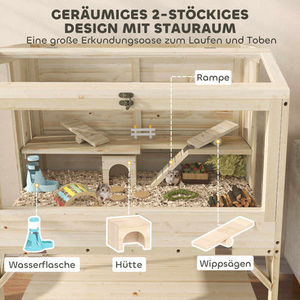 Two-Level Hamster Cage with Storage, Natural Wood, 84x53x110 cm