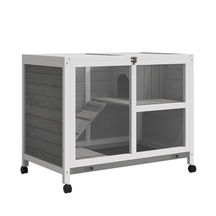 Two-Level Small Animal Hutch, Sealed Fir Wood, Gray, with Wheels