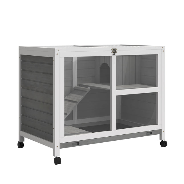 Two-Level Small Animal Hutch, Sealed Fir Wood, Gray, with Wheels