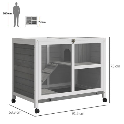 Two-Level Small Animal Hutch, Sealed Fir Wood, Gray, with Wheels