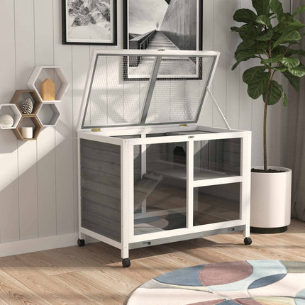 Two-Level Small Animal Hutch, Sealed Fir Wood, Gray, with Wheels