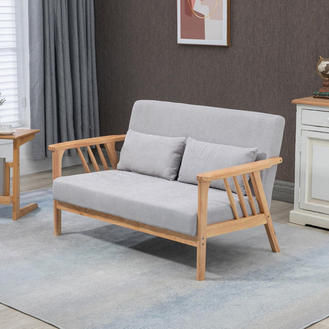 Two-seater loveseat sofa in velvet with cushions, gray