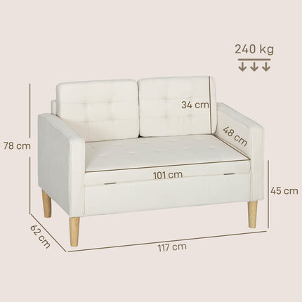 Two-Seater Sofa with Storage, Cream Velvet, 117cm