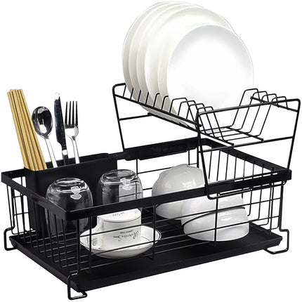 Two-Tier Dish Drying Rack with Cutlery Holder, Black