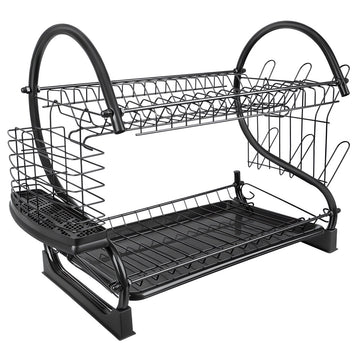 Two-Tier Dish Drying Rack with Drip Tray and Cup Holder, Cutlery Holder, Black
