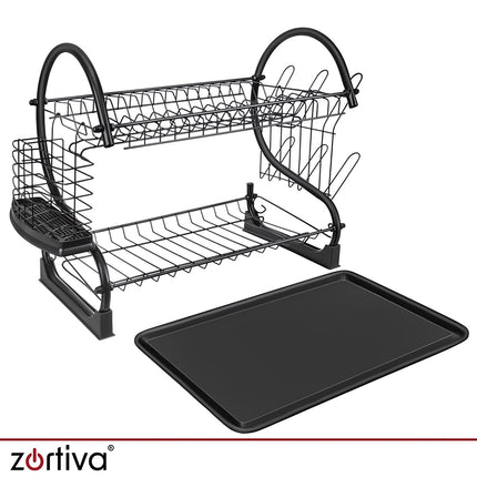 Two-Tier Dish Drying Rack with Drip Tray and Cup Holder, Cutlery Holder, Black
