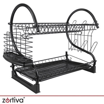 Two-Tier Dish Drying Rack with Drip Tray and Cup Holder, Cutlery Holder, Black