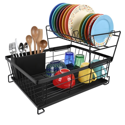 Two-Tier Dish Drying Rack with Drip Tray and Cutlery Holder, 43 cm, Black