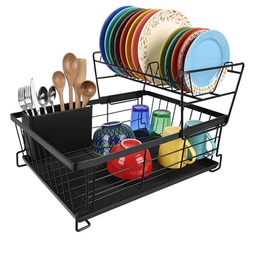 Two-Tier Dish Drying Rack with Drip Tray and Cutlery Holder, 43 cm, Black