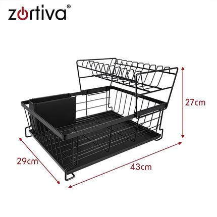 Two-Tier Dish Drying Rack with Drip Tray and Cutlery Holder, 43 cm, Black