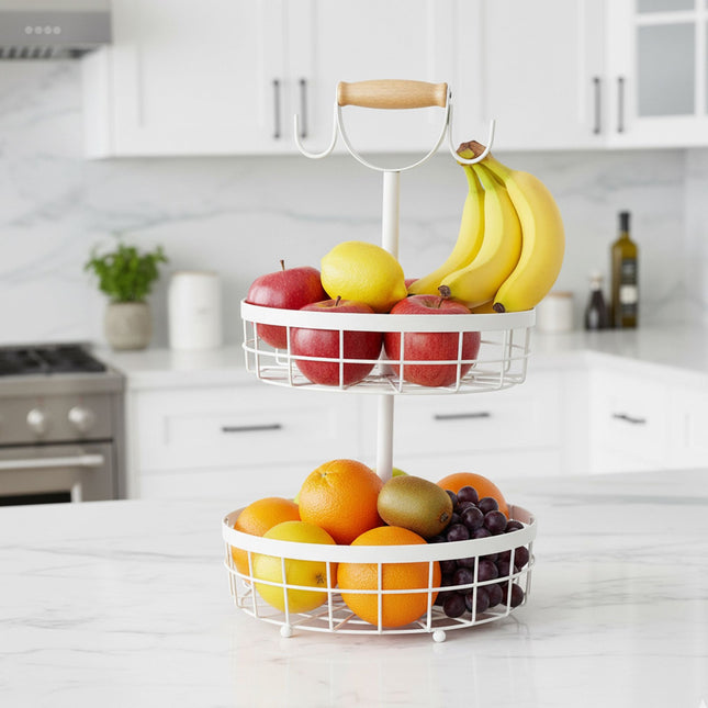 Two-Tier Metal Fruit Basket with Banana Hooks