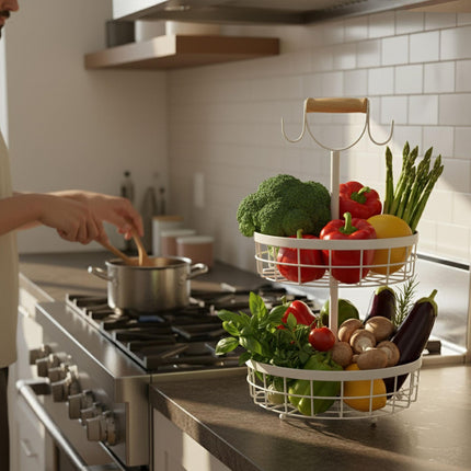 Two-Tier Metal Fruit Basket with Banana Hooks
