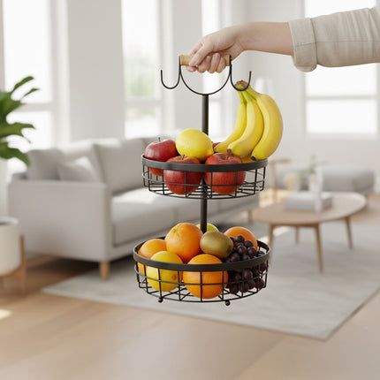 Two-Tier Metal Fruit Basket with Banana Hooks