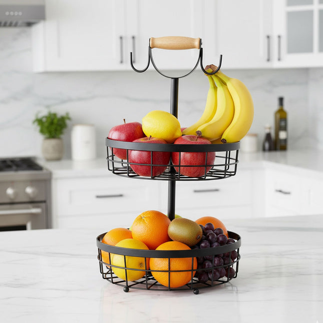 Two-Tier Metal Fruit Basket with Banana Hooks