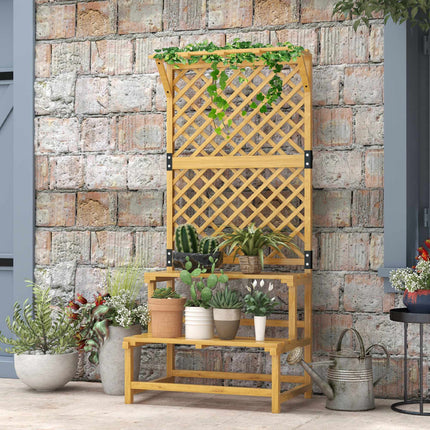 Two-Tier Plant Stand with Trellis & Roof, Fir Wood, 75x50x166cm