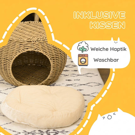 Two-Tier Rattan Cat Bed with Cushion, For Cats Under 3.5kg